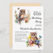 フクロウ春の花蝶60誕生日 招待状 (正面/裏面)