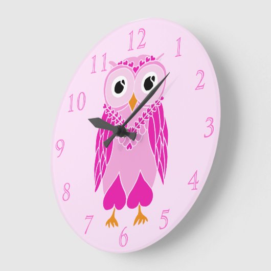 フクロウ時計:ピンクフクロウ ラージ壁時計 (傾斜)