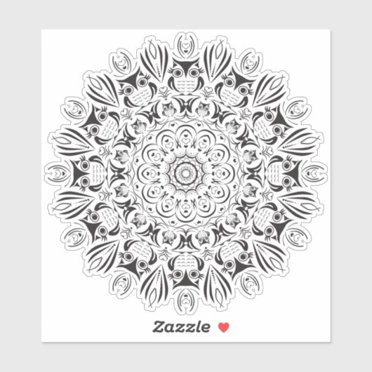 フクロウ曼荼羅の大きな丸いステッカー シール (シート)