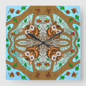 フクロウ曼荼羅の手書きアートワーク スクエア壁時計 (正面)