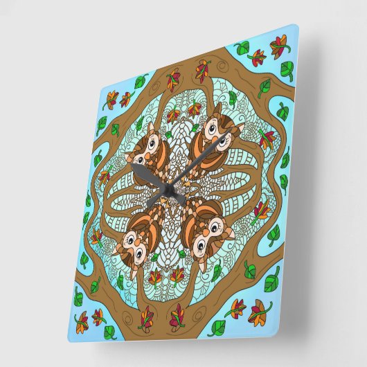 フクロウ曼荼羅の手書きアートワーク スクエア壁時計 (傾斜)