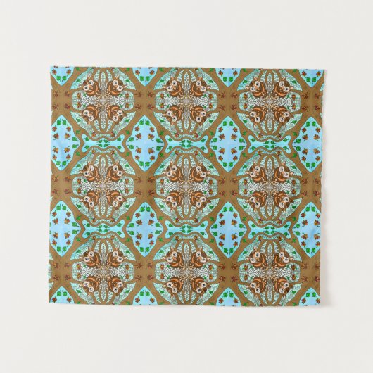 フクロウ曼荼羅の手書きアートワーク タペストリー (正面(横))