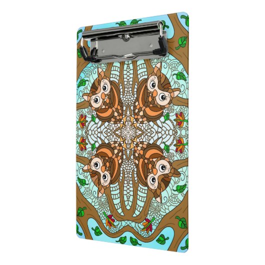 フクロウ曼荼羅の手書きアートワーク ミニクリップボード (アングル2)