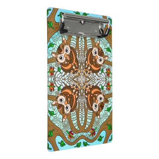 フクロウ曼荼羅の手書きアートワーク ミニクリップボード (アングル)