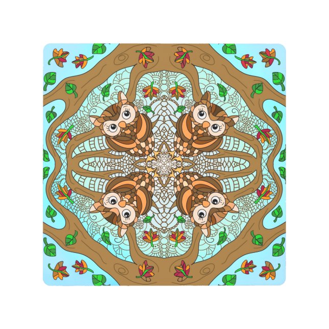 フクロウ曼荼羅の手書きアートワーク メタルプリント (正面)