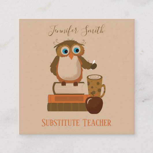 フクロウ本代替先生茶色の名刺 スクエア名刺 (正面)