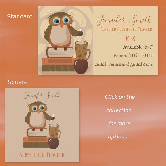 フクロウ本代替先生茶色の名刺 スクエア名刺