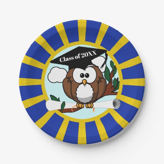 フクロウ校が青と金ゴールド卒業 ペーパープレート (正面)