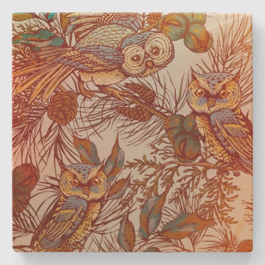 フクロウ秋ピネコンヴィンテージオレンジ色の青模様さび ストーンコースター (正面)