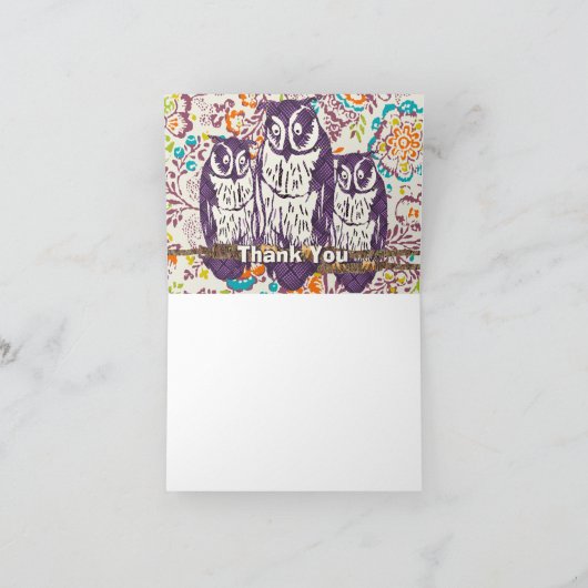 フクロウ科の紫色の幾何学的ありがとう サンキューカード (内部)
