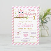 フクロウ第1誕生日招待状ガールピンク&金ゴールド 招待状 (スタンド正面)