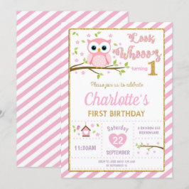 フクロウ第1誕生日招待状ガールピンク&金ゴールド 招待状