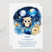 フクロウ第1誕生日招待状 招待状 (正面/裏面)