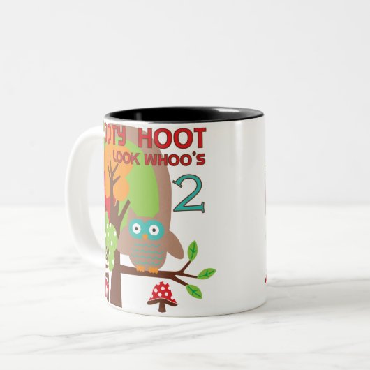 フクロウ第2回誕生日Tシャツとギフト ツートーンマグカップ (正面左)