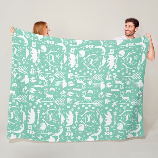 フクロウ素朴ムは鹿キツネウッドランドの生き物パターン フリースブランケット (インサイチュ)