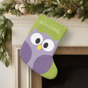 フクロウ紫とピスタチオ名前をカスタムする スモールクリスマスストッキング