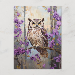 フクロウ紫絵を描の花 ポストカード