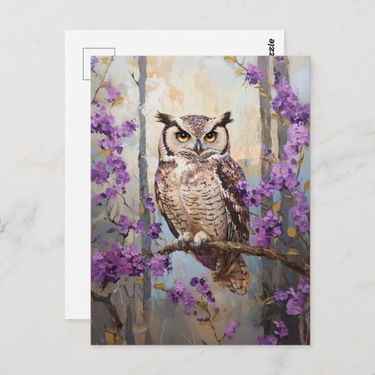 フクロウ紫絵を描の花 ポストカード (正面/裏面)