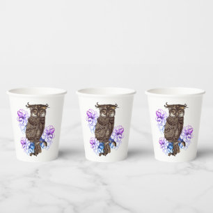 フクロウ紫色の茶色の花 紙コップ