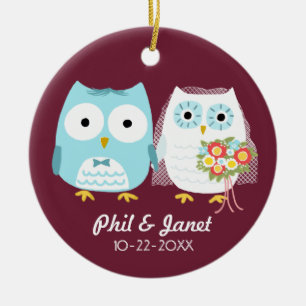 フクロウ結婚ズのカップル – 愛らしい花嫁と花婿 セラミックオーナメント