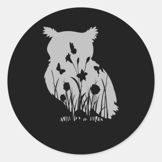 フクロウ花シルエット自然鳥観察 ラウンドシール (正面)