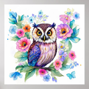 フクロウ芸術的フローラの色 ポスター