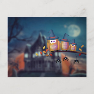 フクロウ葉書とハロウィーンの怖い夜 ポストカード