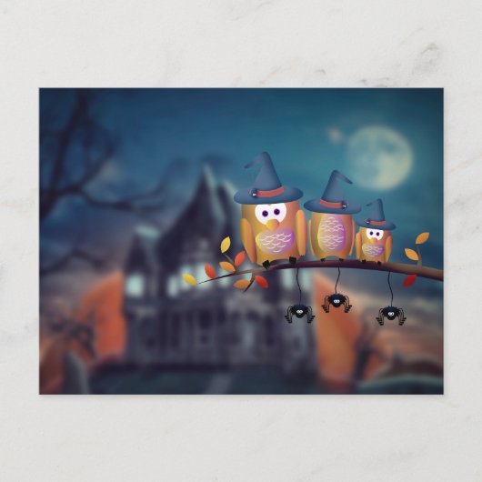 フクロウ葉書とハロウィーンの怖い夜 ポストカード (正面)
