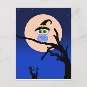 フクロウ葉書とハロウィーンの怖い夜 ポストカード