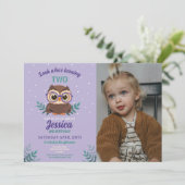 フクロウ誕生日ガールズフートグラスパープルフォト 招待状 (スタンド正面)