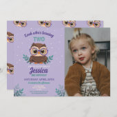フクロウ誕生日ガールズフートグラスパープルフォト 招待状 (正面/裏面)