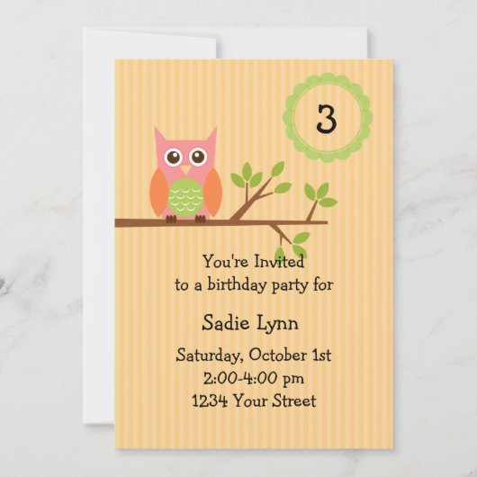 フクロウ誕生日パーティーの招待(#INV004) 招待状 (正面)
