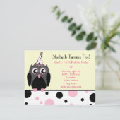 フクロウ誕生日パーティー招待状ピンク&ブラック水玉模様 招待状 (スタンド正面)