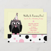 フクロウ誕生日パーティー招待状ピンク&ブラック水玉模様 招待状 (正面/裏面)