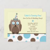 フクロウ誕生日パーティー招待状ブルー&ブラウン水玉模様 招待状 (正面/裏面)