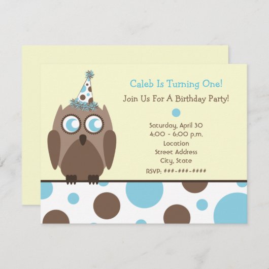 フクロウ誕生日パーティー招待状ブルー&ブラウン水玉模様 招待状 (正面/裏面)