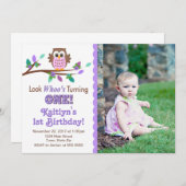 フクロウ誕生日招待状1番目の誕生日パーティー 招待状 (正面/裏面)