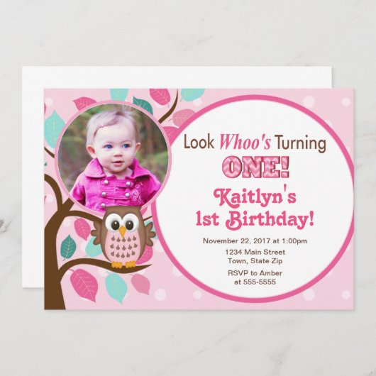 フクロウ誕生日招待状1stバースデーガール 招待状 (正面/裏面)
