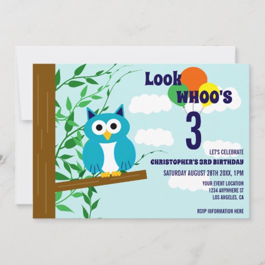 フクロウ誕生日 招待状 (正面)
