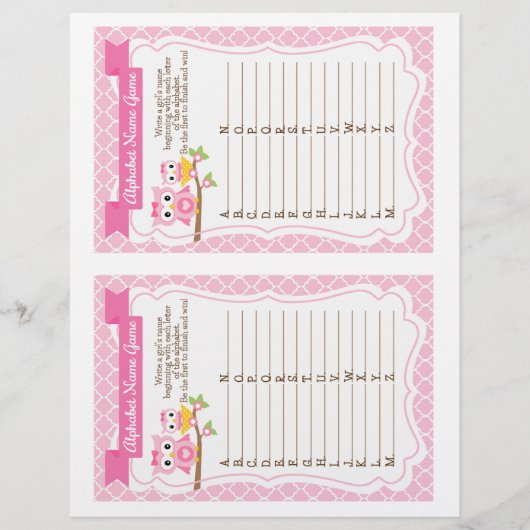 フクロウ赤ちゃんシャワーアルファベットネームゲーム (正面)