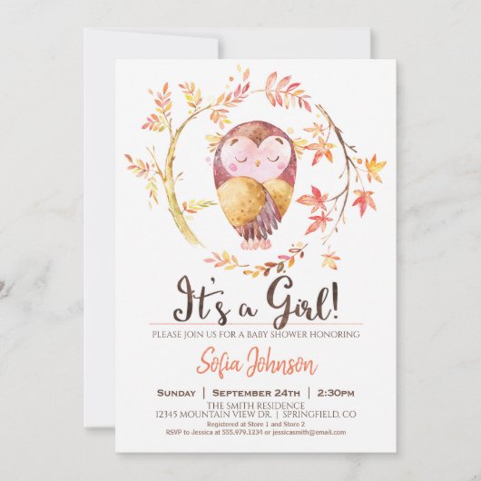 フクロウ赤ちゃんシャワーガール招待状 招待状 (正面)