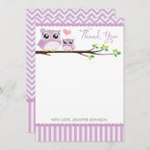 フクロウ赤ちゃんシャワーサンキューカード紫シェブロンガール サンキューカード (正面/裏面)