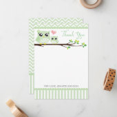 フクロウ赤ちゃんシャワーサンキューカード | Green Chevron ノートカード (正面/裏面インサイチュ)