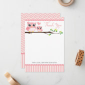 フクロウ赤ちゃんシャワーサンキューカード | Pink Chevron Girl ノートカード (正面/裏面インサイチュ)