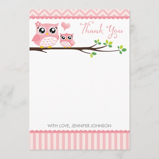 フクロウ赤ちゃんシャワーサンキューカード | Pink Chevron Girl ノートカード (正面)