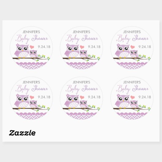 フクロウ赤ちゃんシャワーシールラベルパープルシェブロン女の子 ラウンドシール (シート)