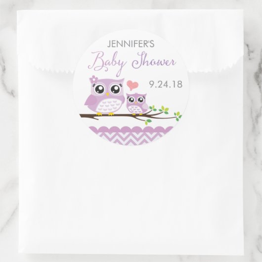 フクロウ赤ちゃんシャワーシールラベルパープルシェブロン女の子 ラウンドシール (バッグ)