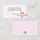 フクロウ赤ちゃんシャワーピンクおむつラッフルチケット エンクロージャーカード (正面/裏面)