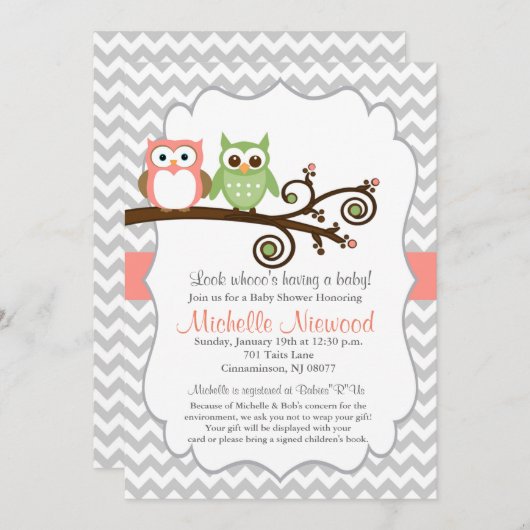 フクロウ赤ちゃんシャワーピンク招待状 招待状 (正面/裏面)