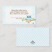 フクロウ赤ちゃんシャワーブルーおむつラッフルチケット エンクロージャーカード (正面/裏面)